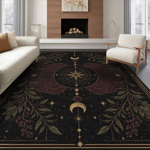 ODIKA 8'x10' Washable Area Rug Black Gold Celestial Compass Botanical Motifs Elegant Geometric Stars Moon for Living Room, Under Sectional, Family , Durable, Non-Slip