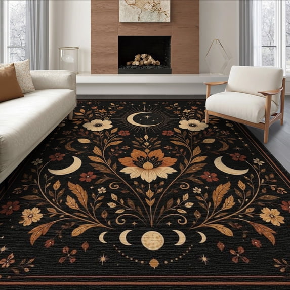 ODIKA 8'x10' Washable Area Rug Black Gold Celestial Garden and Moon Motifs Elegant Floral Astronomical Design for King Size Bedroom Under Bed, Master Suite, Non-Shedding, Easy Care