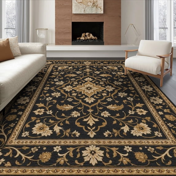 ODIKA 8'x10' Washable Area Rug Black Gold Floral Elegance with Ornate Borders Intricate Golden Florals on Base for King Size Bedroom Under Bed, Master Suite, Non-Shedding, Easy Care
