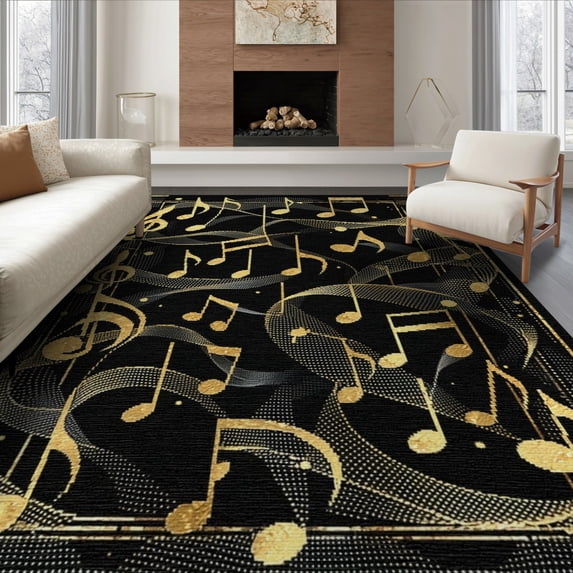 Symbol For Writing Notes ODIKA 8'x10' Washable Area Rug Black Gold Musical Symbols Elegance ...