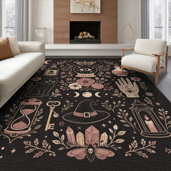 ODIKA 8'x10' Washable Area Rug Black Pink Mystical and Floral Design Enigmatic Motifs with Cats, Moons, Symbols for Living Room, Under Sectional, Family , Durable, Non-Slip