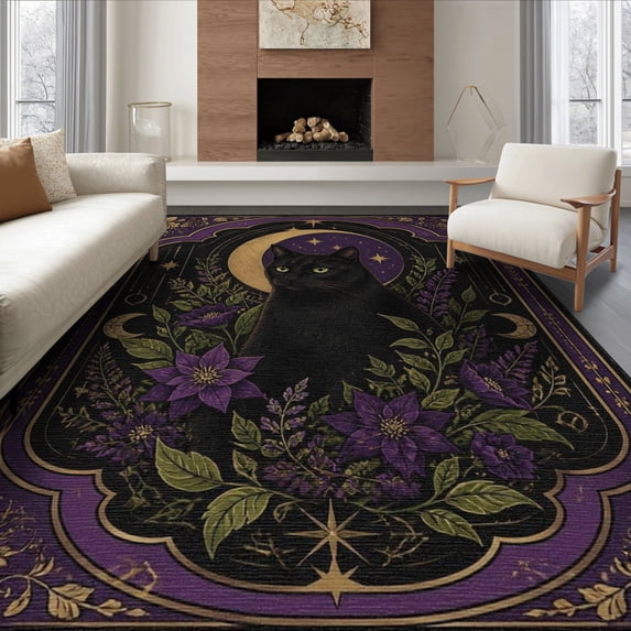 ODIKA 8'x10' Washable Area Rug Black Purple Mystical Cat and Floral Motif Design Celestial with Lavender for Living Room, Under Sectional, Family , Durable, Non-Slip