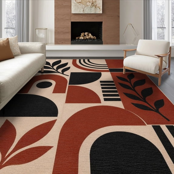 ODIKA 8'x10' Washable Area Rug Black Terracotta Geometric Leaf Design Modern Abstract Shapes with Motif for Living Room, Under Sectional, Family , Durable, Non-Slip