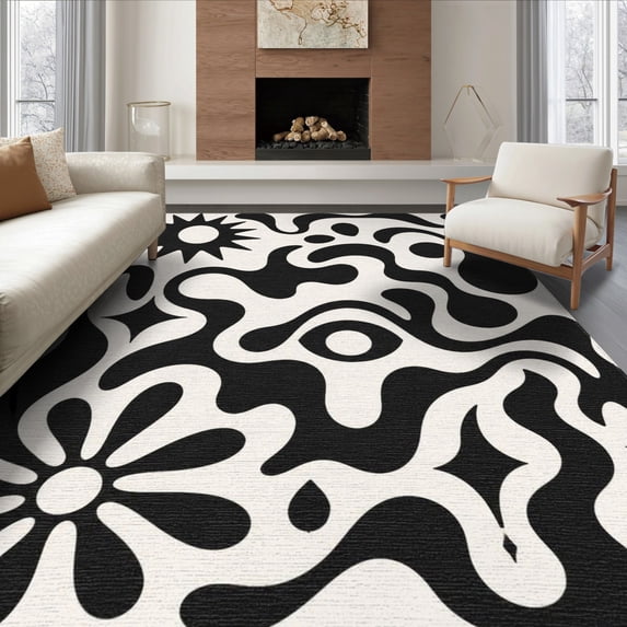 ODIKA 8'x10' Washable Area Rug Black White Abstract Sun and Waves Design Contemporary Artistic with Shapes for Living Room, Under Sectional, Family , Durable, Non-Slip