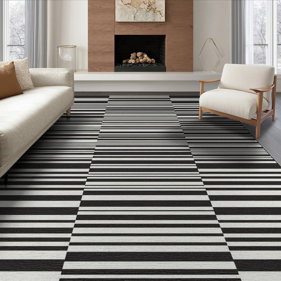 ODIKA 8'x10' Washable Area Rug Black White Corridor Alfombras Modern Striped Design with Symmetrical Bands for Living Room, Under Sectional, Family , Durable, Non-Slip