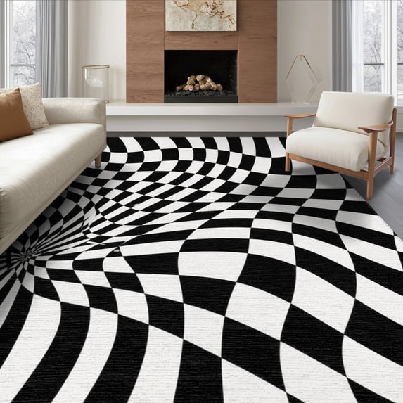 ODIKA 8'x10' Washable Area Rug Black White Geometric Swirl Illusion Design Contemporary Optical Art Style, Dynamic for King Size Bedroom Under Bed, Master Suite, Non-Shedding, Easy Care