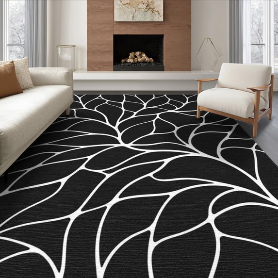 ODIKA 8'x10' Washable Area Rug Black White Leaf-Inspired Geometric Elegance Contemporary Design with for Dining Room, Large Office, Lounge, Non-Slip Chair-Friendly Mat