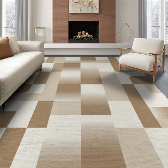 ODIKA 8'x10' Washable Area Rug Block Interlocking Shapes Beige Large Brushstroke Abstract Neutral Refined for Living Room, Under Sectional, Family , Durable, Non-Slip