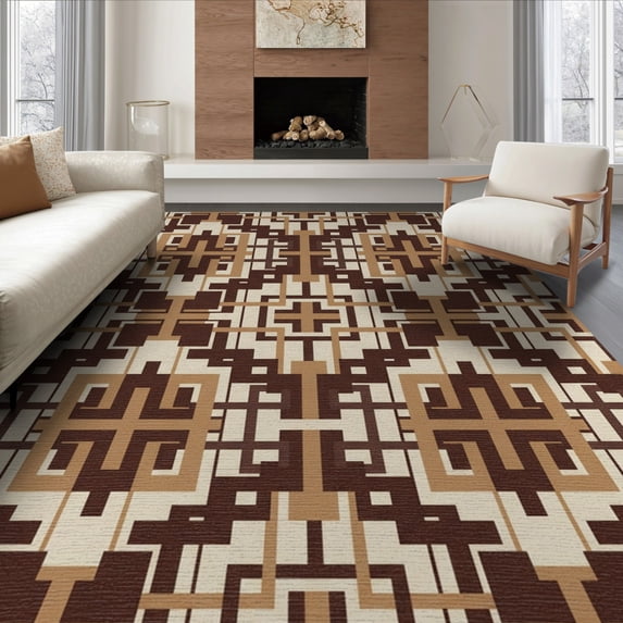ODIKA 8'x10' Washable Area Rug Boho Cream Abstract Geometric Trellis Interwoven Print Beige for King Size Bedroom Under Bed, Master Suite, Non-Shedding, Easy Care