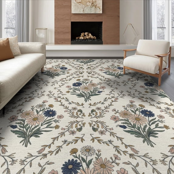ODIKA 8'x10' Washable Area Rug Boho Daisy With Whimsical Botanical Border Floral Print Playful Expressive for King Size Bedroom Under Bed, Master Suite, Non-Shedding, Easy Care