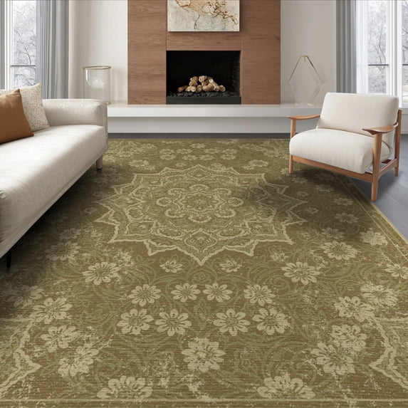 ODIKA 8'x10' Washable Area Rug Boho Faded Central Emblem Weathered Interlocking Motif Design for Dining Room, Large Office, Lounge, Non-Slip Chair-Friendly Mat