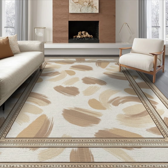 ODIKA 8'x10' Washable Area Rug Boho Faded Cream Tonal Shapes Beige Bordered Decorative Neutral for Living Room, Under Sectional, Family , Durable, Non-Slip