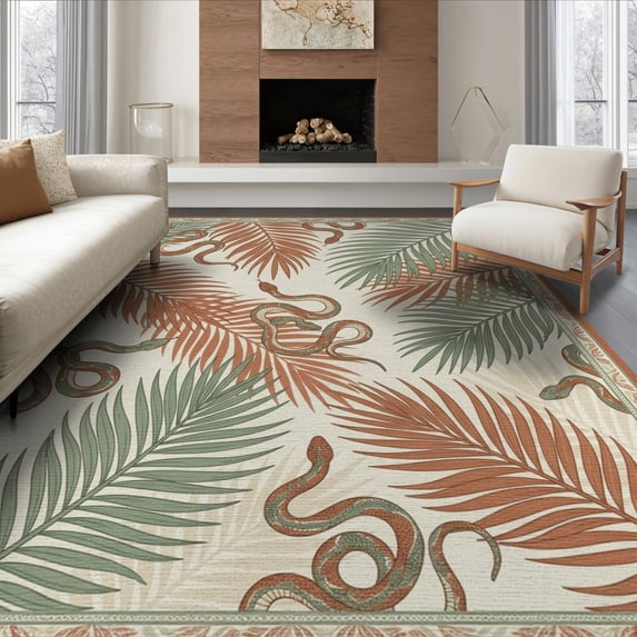 ODIKA 8'x10' Washable Area Rug Boho Jungle Motif With Palm Frond Accents Snake Tropical Aesthetic Playful for Dining Room, Large Office, Lounge, Non-Slip Chair-Friendly Mat