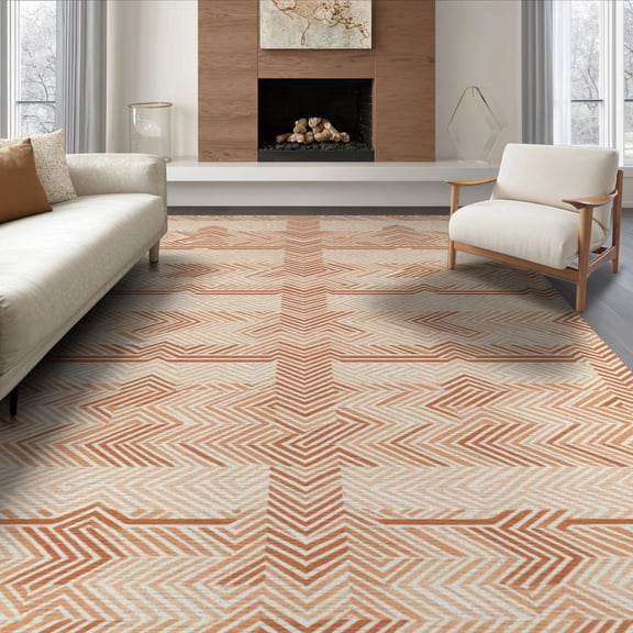 ODIKA 8'x10' Washable Area Rug Boho Southwestern Banded Stripe Minimalist Seagrass Herringbone Refined for Living Room, Under Sectional, Family , Durable, Non-Slip