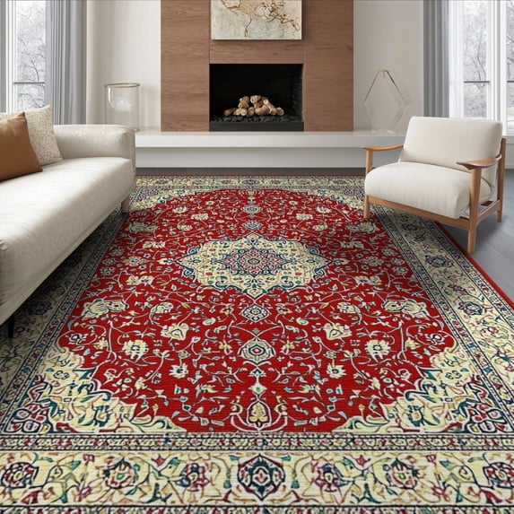 ODIKA 8'x10' Washable Area Rug Boho Vintage Inspired Medallion With Floral Scroll And Border for Living Room, Under Sectional, Family , Durable, Non-Slip