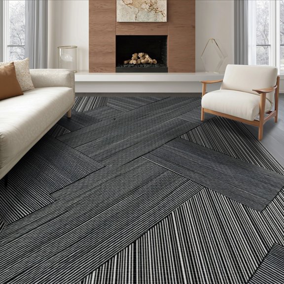 ODIKA 8'x10' Washable Area Rug Bold Monochrome Motif Concentric Ring Minimalist Striped Abstract Refined for King Size Bedroom Under Bed, Master Suite, Non-Shedding, Easy Care