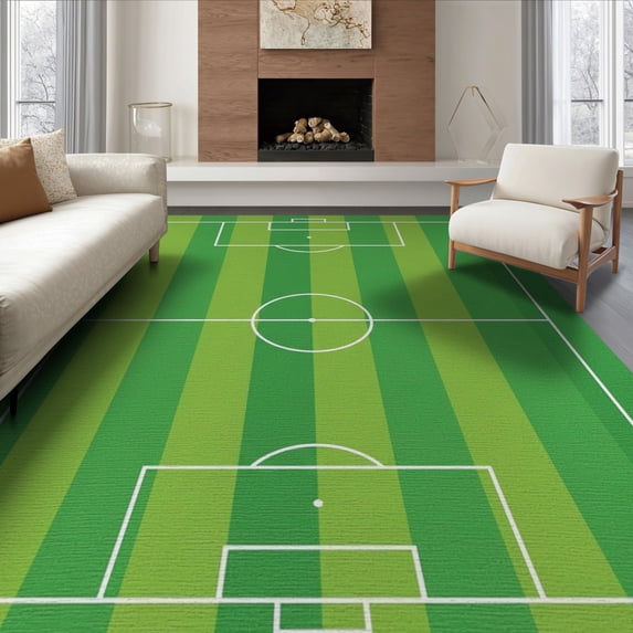 ODIKA 8'x10' Washable Area Rug Bold Pitch Lines Durable Interactive Velvet Football Soccer Field Playful for Living Room, Under Sectional, Family , Non-Slip