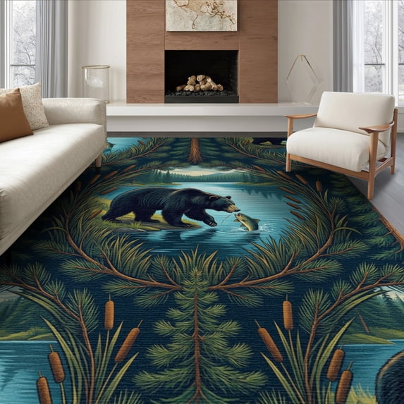 ODIKA 8'x10' Washable Area Rug Border Cabin Forest Wildlife Print Motif Motifs Fishing Lake Refined Structured for Dining Room, Large Office, Lounge, Non-Slip Chair-Friendly Mat