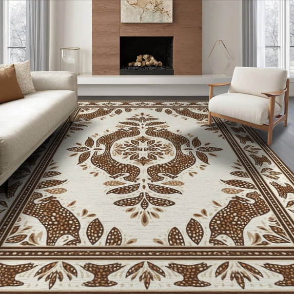 ODIKA 8'x10' Washable Area Rug Border Motif Abstract Inspired Patches Southwestern Spotted Farmhouse Refined for Living Room, Under Sectional, Family , Durable, Non-Slip