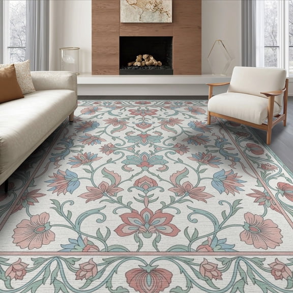 ODIKA 8'x10' Washable Area Rug Border Trellis Damask Scroll Motifs Lattice Pink Boho Vintage Playful Expressive for Living Room, Under Sectional, Family , Durable, Non-Slip