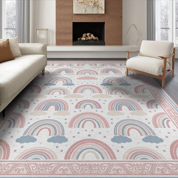 ODIKA 8'x10' Washable Area Rug Border Whimsical Scattered Polka Dot Motifs Pink Boho Scallop Playful Expressive for Dining Room, Large Office, Lounge, Non-Slip Chair-Friendly Mat