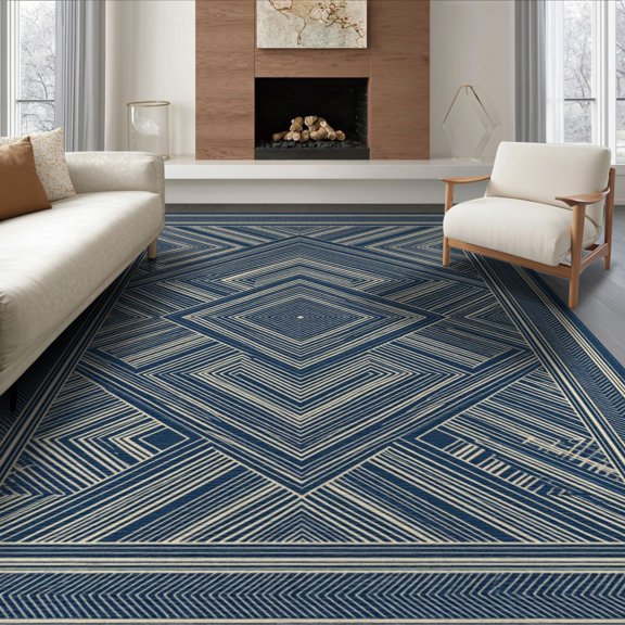 ODIKA 8'x10' Washable Area Rug Bordered Diagonal Motif Repeat Interlocking Herringbone Boho Refined Structured for Living Room, Under Sectional, Family , Durable, Non-Slip