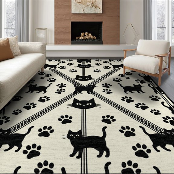 ODIKA 8'x10' Washable Area Rug Bordered Feline Motif Symmetrical Track Whimsical Round Print Refined Structured for Dining Room, Large Office, Lounge, Non-Slip Chair-Friendly Mat