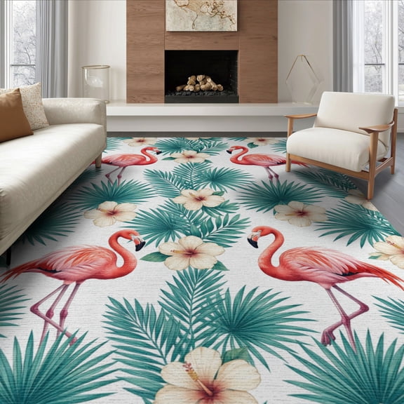 ODIKA 8'x10' Washable Area Rug Botanical Frond Border Jungle Motif Exotic Watercolor Leaves Refined Structured for Dining Room, Large Office, Lounge, Non-Slip Chair-Friendly Mat
