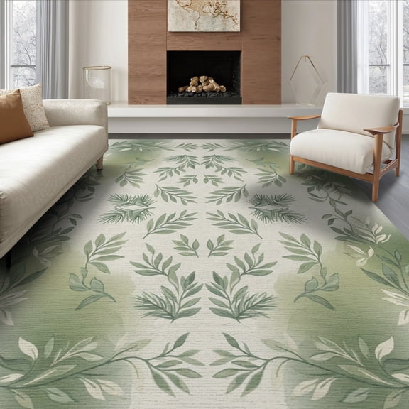 ODIKA 8'x10' Washable Area Rug Botanical Vine Border Hardwood Long Farmhouse Watercolor Forest Playful for Living Room, Under Sectional, Family , Durable, Non-Slip