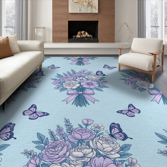 ODIKA 8'x10' Washable Area Rug Bouquet Clusters Ribbon Stripe Border Scattered Toss Butterfly Refined for Dining Room, Large Office, Lounge, Non-Slip Chair-Friendly Mat