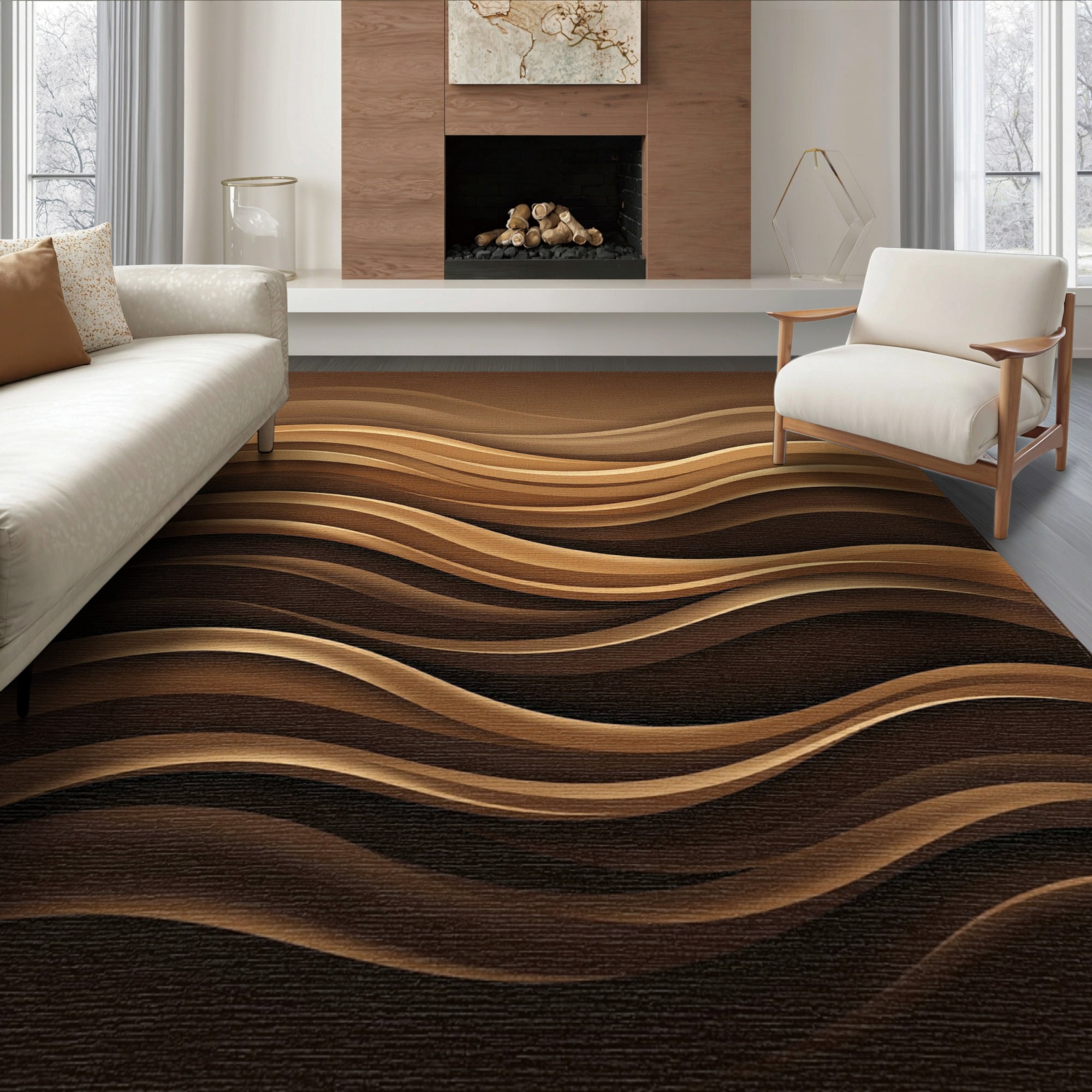 ODIKA 8'x10' Washable Area Rug Brown Abstract with Horizontal Waves ...