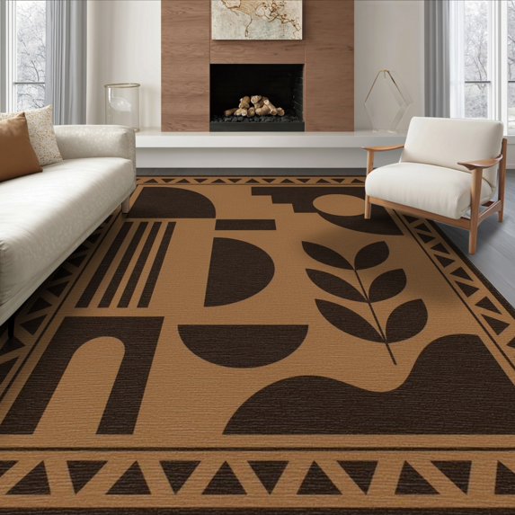 ODIKA 8'x10' Washable Area Rug Brown Black Geometric Abstract Design Modern Shapes with Bold Triangle Border for Living Room, Under Sectional, Family , Durable, Non-Slip