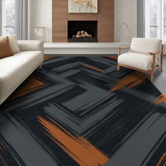 ODIKA 8'x10' Washable Area Rug Brushstroke Art With Interlocking Geometric Accents Abstract Modern Refined for Living Room, Under Sectional, Family , Durable, Non-Slip
