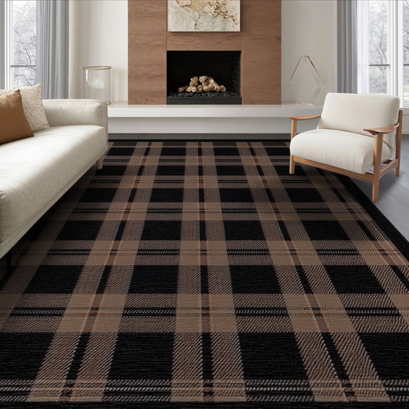 ODIKA 8'x10' Washable Area Rug Buffalo Plaid Farmhouse Tartan Design With Striped Border Accents for King Size Bedroom Under Bed, Master Suite, Non-Shedding, Easy Care