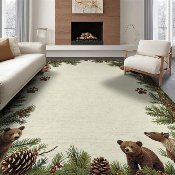 ODIKA 8'x10' Washable Area Rug Cabin Bear Paw Print Rustic Pinecone Lattice With Wildlife for King Size Bedroom Under Bed, Master Suite, Non-Shedding, Easy Care