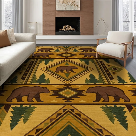 ODIKA 8'x10' Washable Area Rug Cabin Border Livingroom Neutral Motif Large Wildlife Southwestern Playful for Dining Room, Office, Lounge, Non-Slip Chair-Friendly Mat