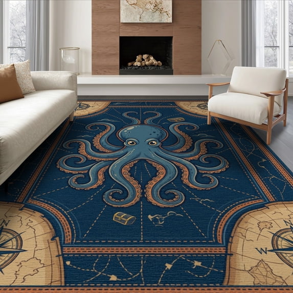 ODIKA 8'x10' Washable Area Rug Cartoon Whimsical Maritime Tentacle Creature Weathered Pirate for Living Room, Under Sectional, Family , Durable, Non-Slip