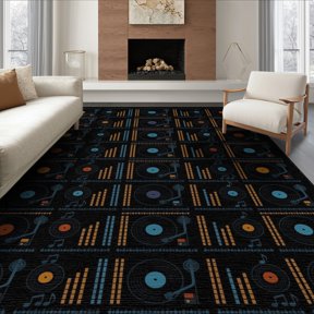 ODIKA 8'x10' Washable Area Rug Cd Vinyl Record Retro Equalizer Bars Turntable Icons Grooves Disc Flowing for Living Room, Under Sectional, Family , Durable, Non-Slip