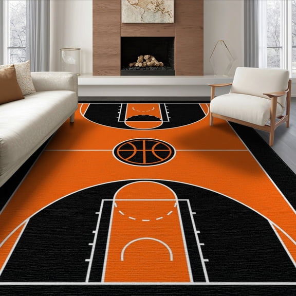 ODIKA 8'x10' Washable Area Rug Centered Border Blanket Football Bold Center Round Basketball Refined Structured for Living Room, Under Sectional, Family , Durable, Non-Slip