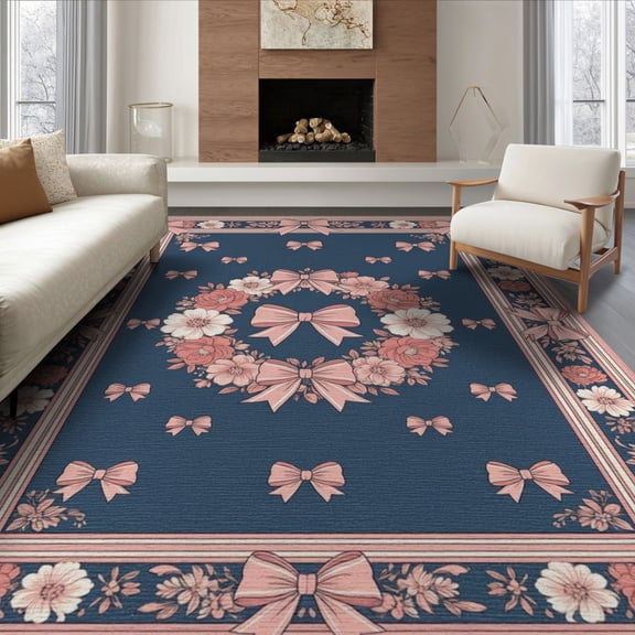 ODIKA 8'x10' Washable Area Rug Centerpiece Frame Border Dainty Polka Dot Cute Motif Wreath Refined for Living Room, Under Sectional, Family , Durable, Non-Slip