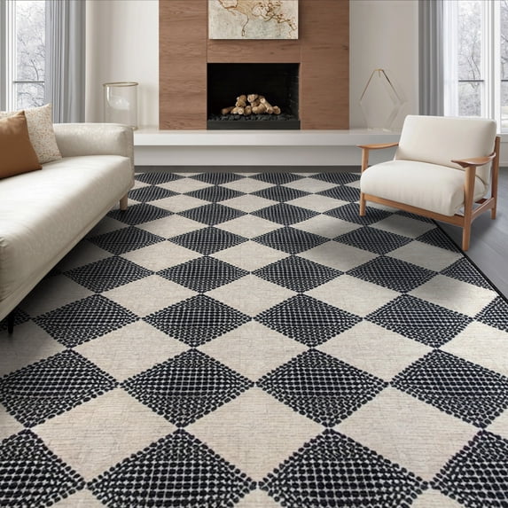 ODIKA 8'x10' Washable Area Rug Checkered Geometric Tonal Mosaic Layout Entry Music Long Entryway for King Size Bedroom Under Bed, Master Suite, Non-Shedding, Easy Care