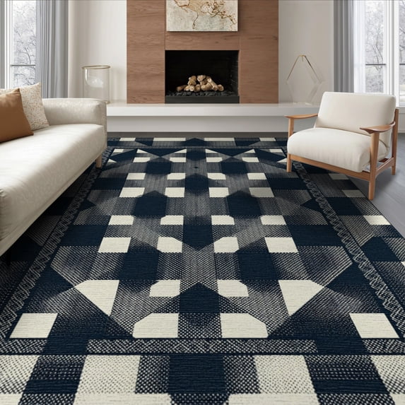 ODIKA 8'x10' Washable Area Rug Checkered Symmetrical Layout Minimalist Entry Music Geometric for Dining Room, Large Office, Lounge, Non-Slip Chair-Friendly Mat