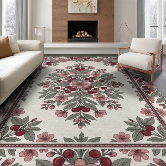 ODIKA 8'x10' Washable Area Rug Cherries Vintage Door Cherry Blossoms Decorative Botanical Motif for King Size Bedroom Under Bed, Master Suite, Non-Shedding, Easy Care
