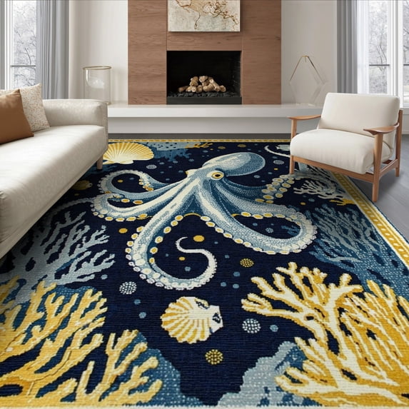 ODIKA 8'x10' Washable Area Rug Circle Nautical Octopus Vintage Creature Coral Motif Dotted Border for Dining Room, Large Office, Lounge, Non-Slip Chair-Friendly Mat