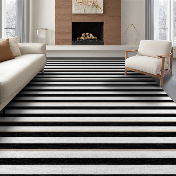 ODIKA 8'x10' Washable Area Rug Classic Monochrome Stripe With Clean Geometric Border Design for King Size Bedroom Under Bed, Master Suite, Non-Shedding, Easy Care