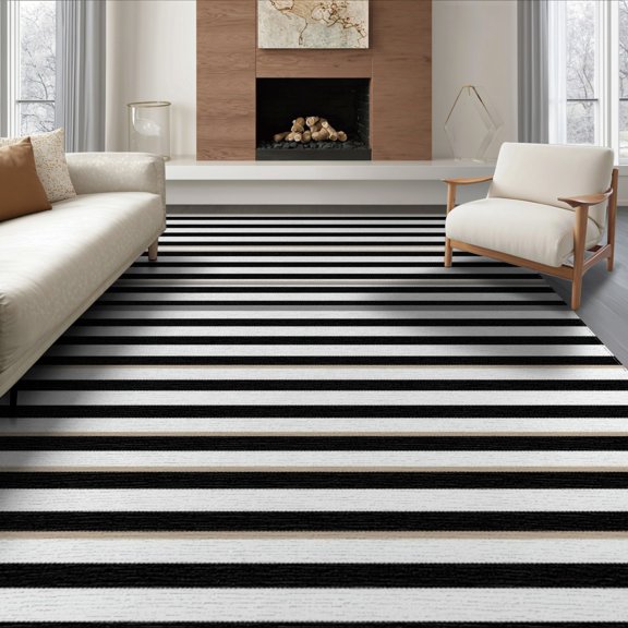 ODIKA 8'x10' Washable Area Rug Classic Monochrome Stripe With Clean Geometric Border Design for King Size Bedroom Under Bed, Master Suite, Non-Shedding, Easy Care