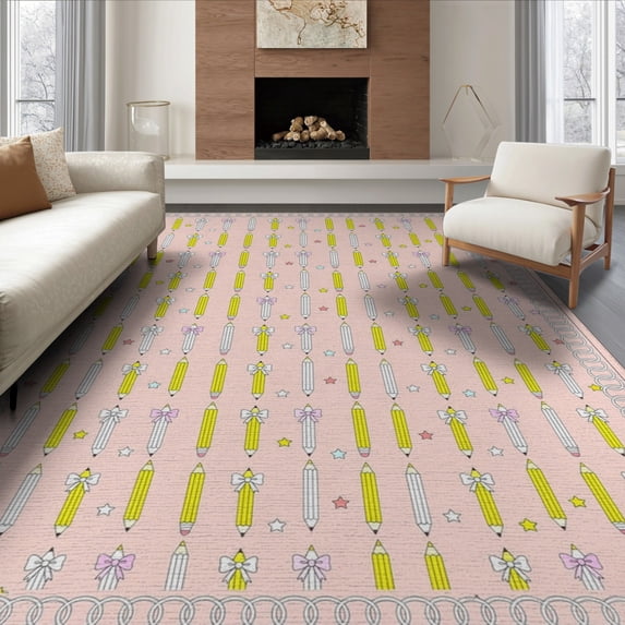 ODIKA 8'x10' Washable Area Rug Classroom Cheerful Schoolgirl Tied Ribbon Academic Abstract Pencil for King Size Bedroom Under Bed, Master Suite, Non-Shedding, Easy Care