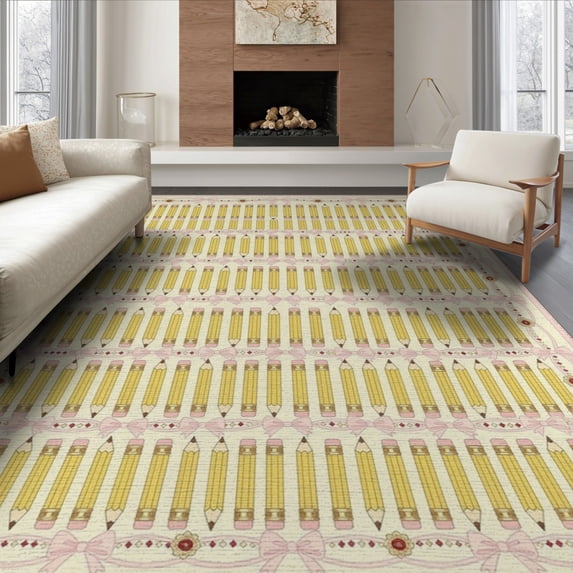 ODIKA 8'x10' Washable Area Rug Classroom Pencil Coquette Ribbon Border Teacher Preschool School Flowing Dynamic for Dining Room, Large Office, Lounge, Non-Slip Chair-Friendly Mat