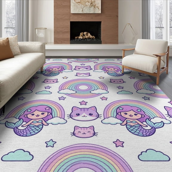 ODIKA 8'x10' Washable Area Rug Classroom Playful Pastel Stars Clouds Mermaid Video Purple Kawaii for Dining Room, Large Office, Lounge, Non-Slip Chair-Friendly Mat