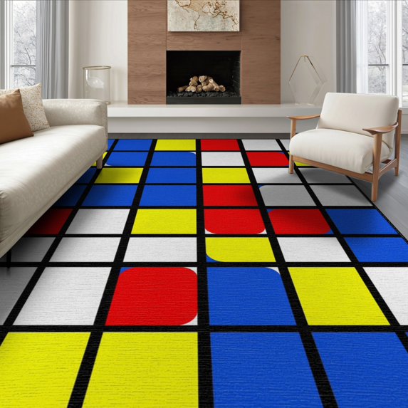 ODIKA 8'x10' Washable Area Rug Composition Modernist Interlocking Abstract Geometric Layout for King Size Bedroom Under Bed, Master Suite, Non-Shedding, Easy Care